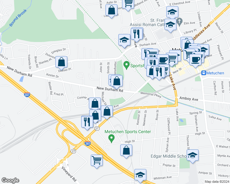 map of restaurants, bars, coffee shops, grocery stores, and more near 25 Hampton Street in Metuchen