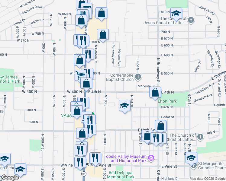 map of restaurants, bars, coffee shops, grocery stores, and more near 421 Parkway Avenue East in Tooele