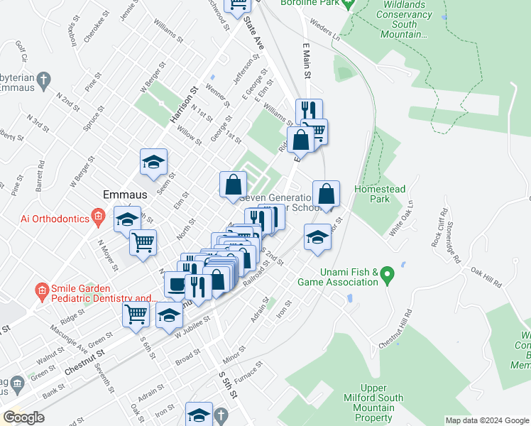 map of restaurants, bars, coffee shops, grocery stores, and more near 153 Main Street in Emmaus