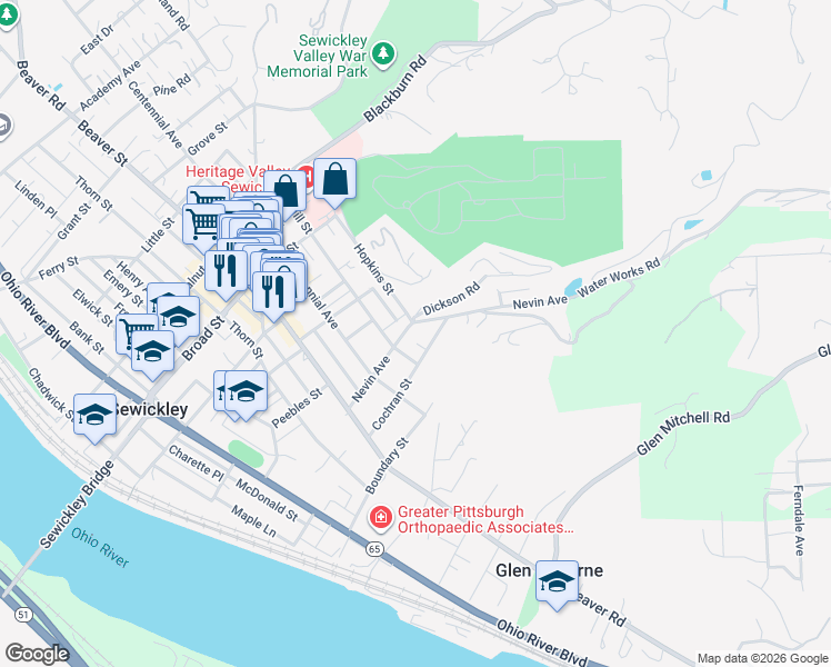 map of restaurants, bars, coffee shops, grocery stores, and more near 808 Nevin Avenue in Sewickley