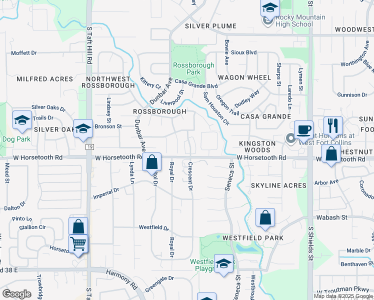 map of restaurants, bars, coffee shops, grocery stores, and more near 3527 Big Ben Drive in Fort Collins