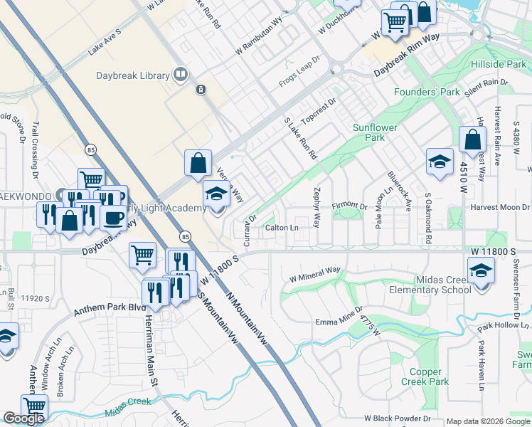 map of restaurants, bars, coffee shops, grocery stores, and more near 5013 West Currant Drive in South Jordan