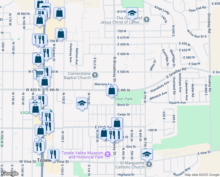 map of restaurants, bars, coffee shops, grocery stores, and more near 345 East 400 North in Tooele