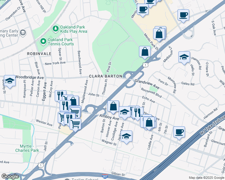 map of restaurants, bars, coffee shops, grocery stores, and more near 1 Garfield Park in Edison