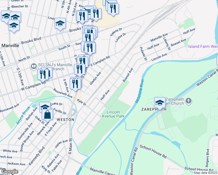 map of restaurants, bars, coffee shops, grocery stores, and more near 60 South Orchard Street in Manville