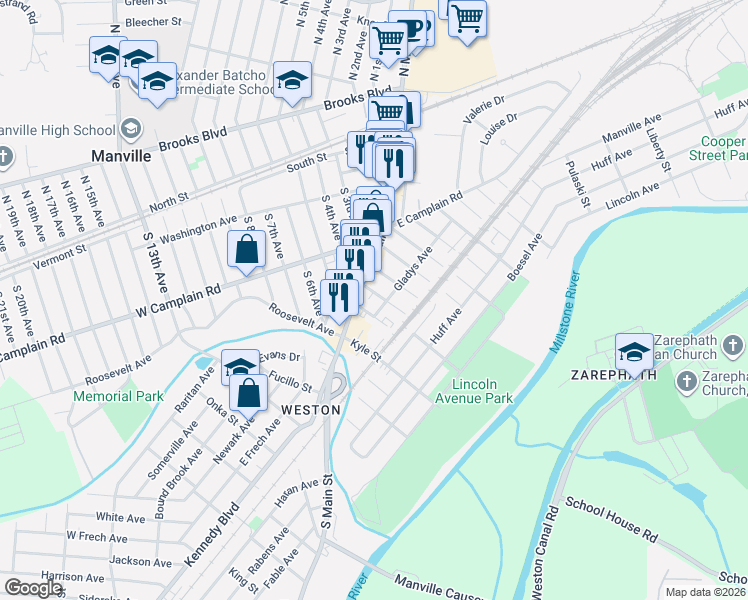 map of restaurants, bars, coffee shops, grocery stores, and more near 25 Gladys Avenue in Manville