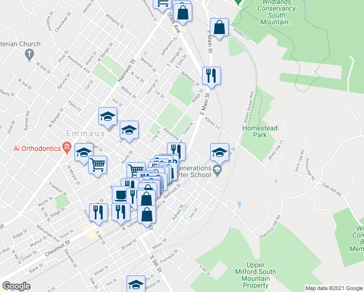 map of restaurants, bars, coffee shops, grocery stores, and more near 32 Keystone Avenue in Emmaus