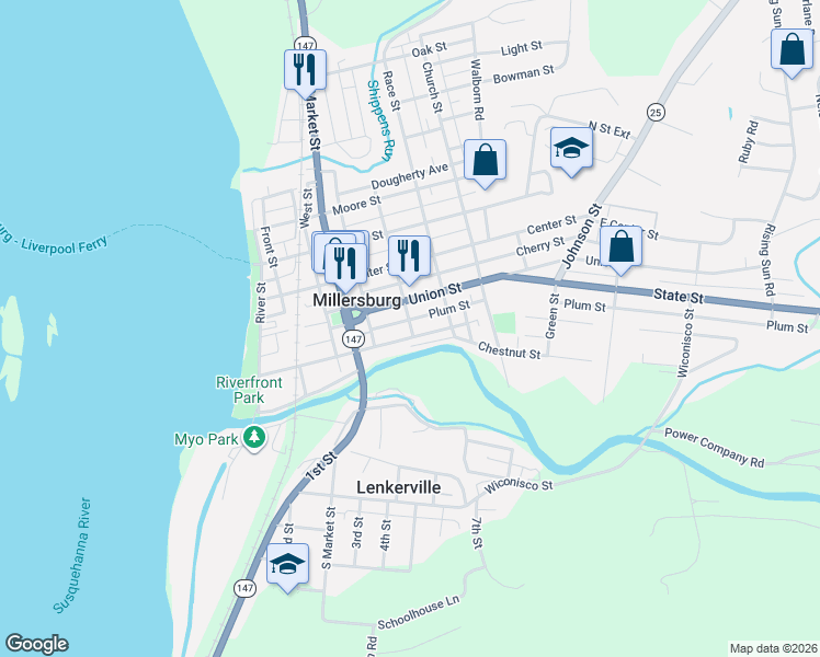 map of restaurants, bars, coffee shops, grocery stores, and more near 149 Walnut Street in Millersburg