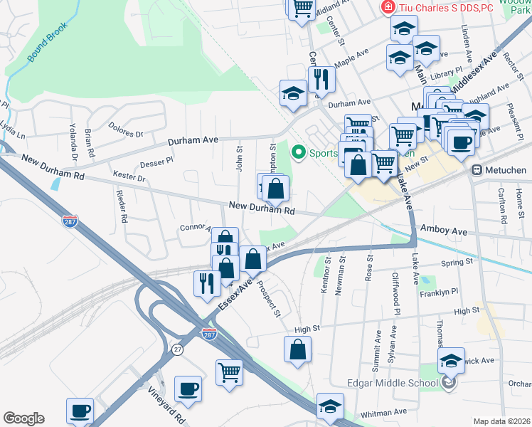 map of restaurants, bars, coffee shops, grocery stores, and more near 25 Hampton Street in Metuchen