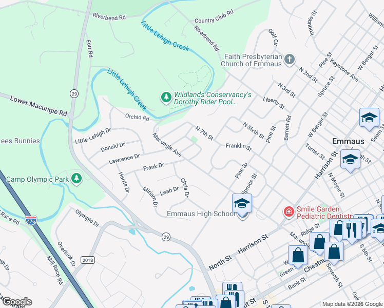 map of restaurants, bars, coffee shops, grocery stores, and more near 738 Henry Drive in Emmaus