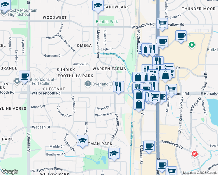 map of restaurants, bars, coffee shops, grocery stores, and more near 3521 Warren Farm Court in Fort Collins