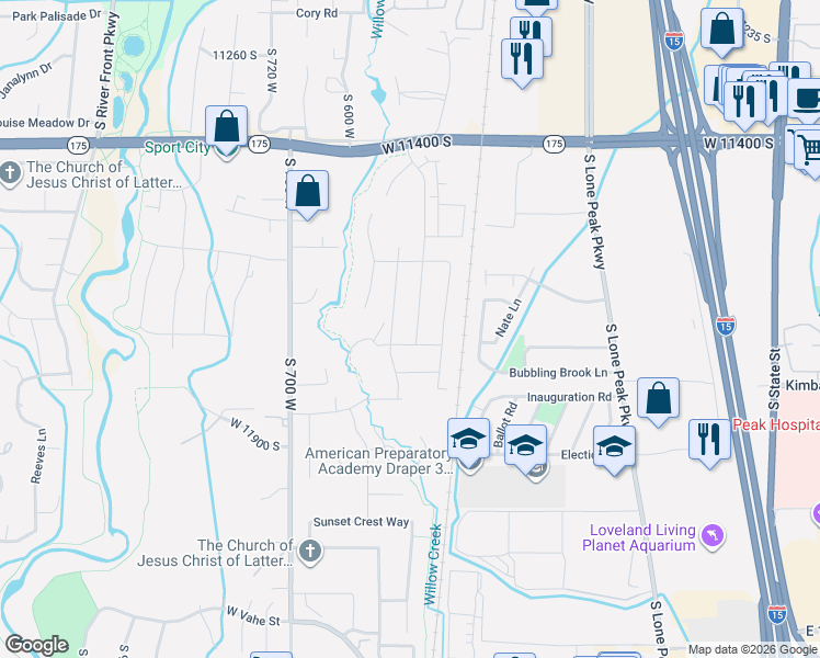 map of restaurants, bars, coffee shops, grocery stores, and more near 11708 Engelmann Drive in Draper