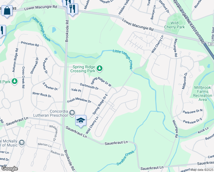 map of restaurants, bars, coffee shops, grocery stores, and more near 5643 Spring Ridge Drive West in Macungie