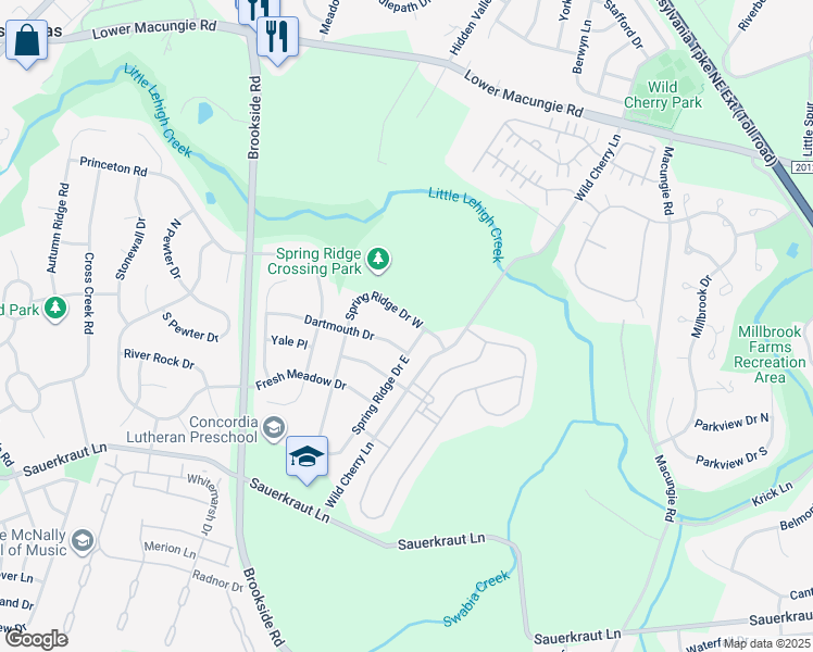 map of restaurants, bars, coffee shops, grocery stores, and more near 5643 Spring Ridge Drive West in Macungie