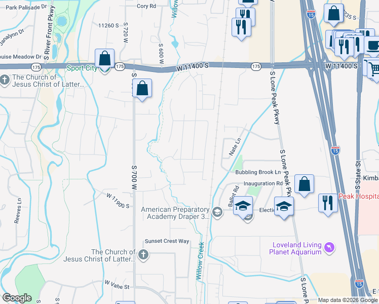 map of restaurants, bars, coffee shops, grocery stores, and more near 11708 Engelmann Drive in Draper