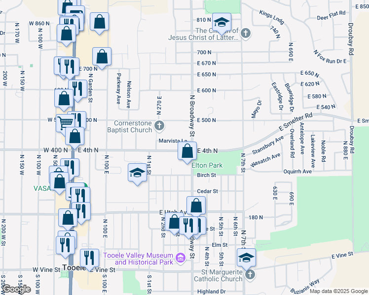 map of restaurants, bars, coffee shops, grocery stores, and more near 345 East 400 North in Tooele