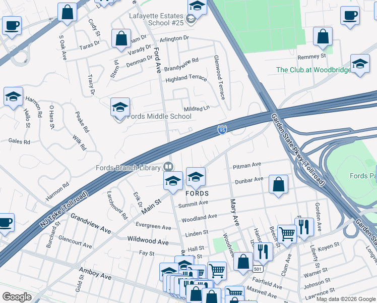 map of restaurants, bars, coffee shops, grocery stores, and more near 195 Cutter Avenue in Woodbridge Township