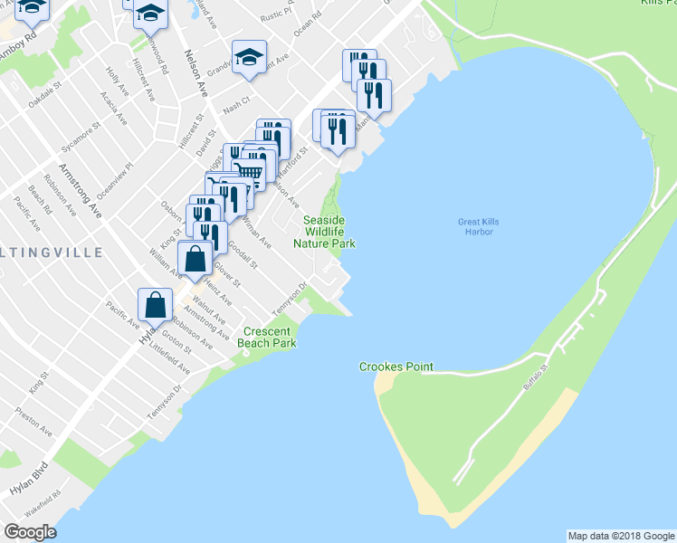 map of restaurants, bars, coffee shops, grocery stores, and more near 77 Harbour Court in Staten Island