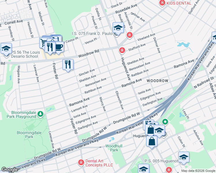 map of restaurants, bars, coffee shops, grocery stores, and more near 709 Rathbun Avenue in Staten Island