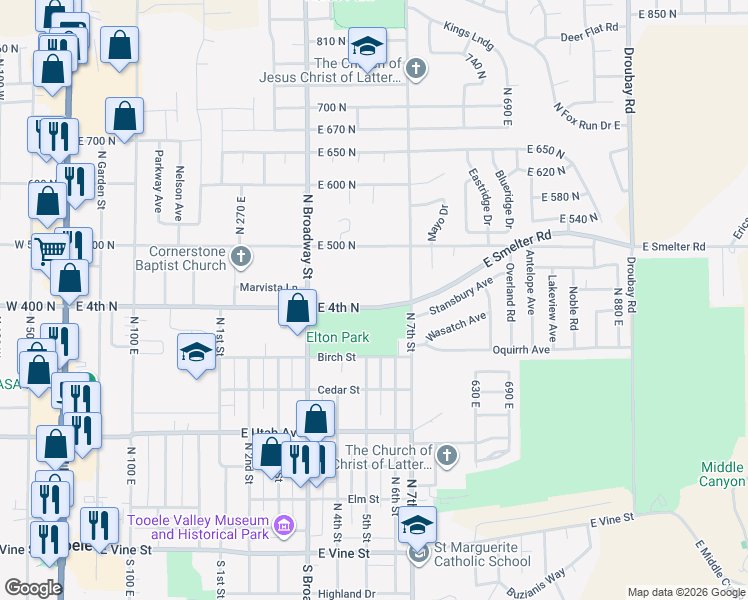 map of restaurants, bars, coffee shops, grocery stores, and more near 465 East 400 North in Tooele