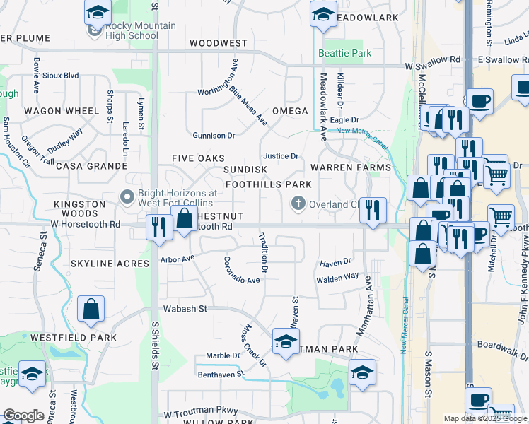 map of restaurants, bars, coffee shops, grocery stores, and more near 3555 Tradition Drive in Fort Collins