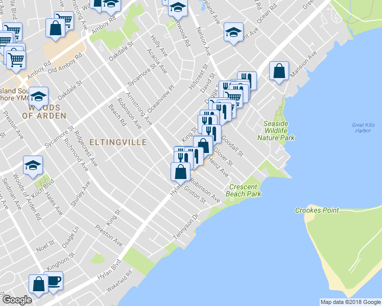 map of restaurants, bars, coffee shops, grocery stores, and more near 165 Russell Street in Staten Island