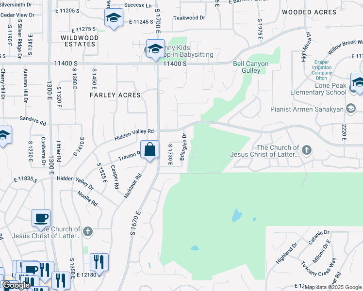 map of restaurants, bars, coffee shops, grocery stores, and more near 11702 Briarglen Lane East in Sandy