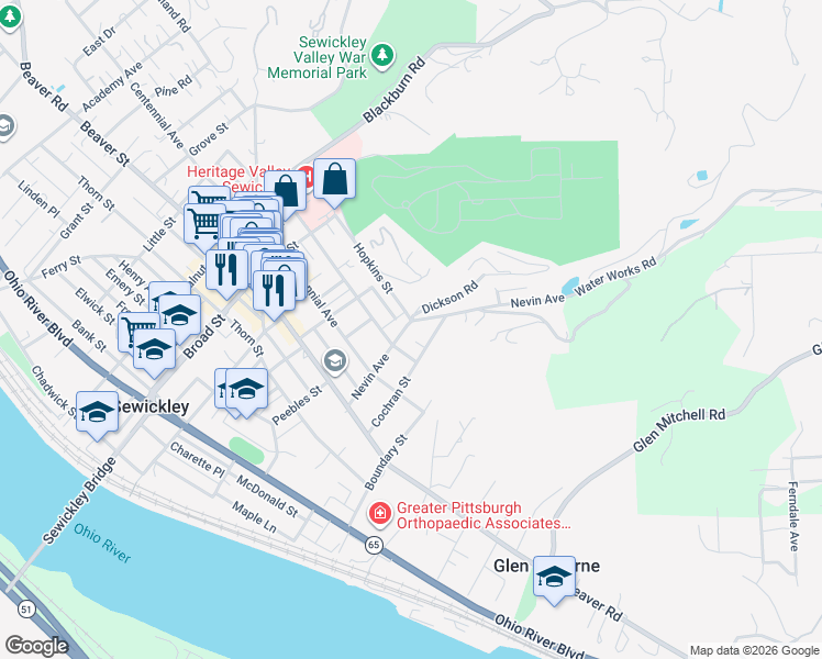 map of restaurants, bars, coffee shops, grocery stores, and more near 808 Nevin Avenue in Sewickley