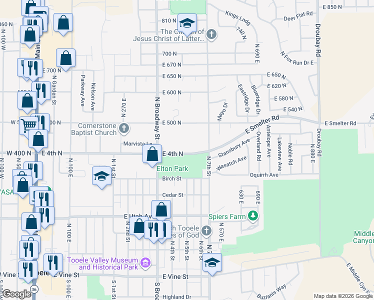 map of restaurants, bars, coffee shops, grocery stores, and more near 453 E 400 N in Tooele