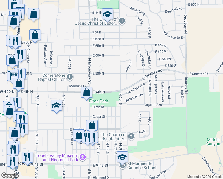 map of restaurants, bars, coffee shops, grocery stores, and more near 477 East 400 North in Tooele