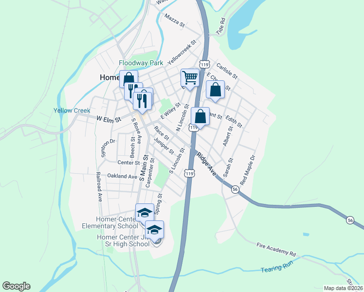 map of restaurants, bars, coffee shops, grocery stores, and more near 118 Ridge Avenue in Homer City