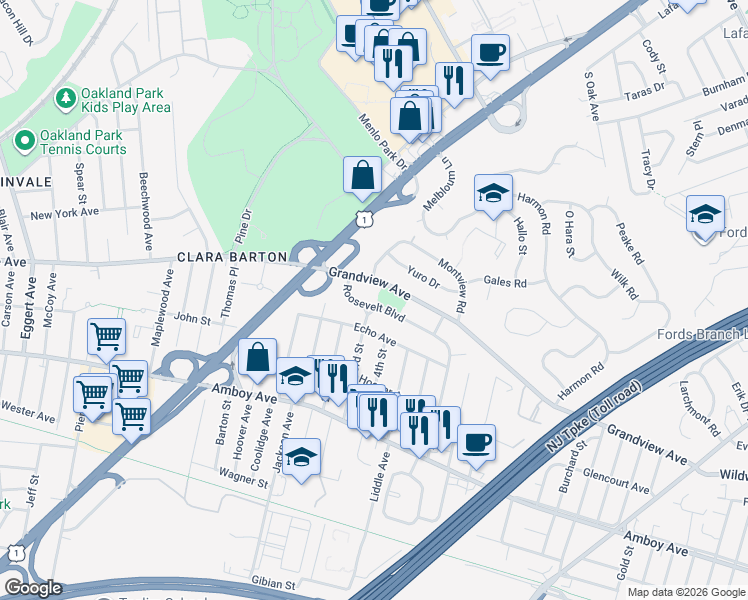 map of restaurants, bars, coffee shops, grocery stores, and more near 98 Roosevelt Boulevard in Edison