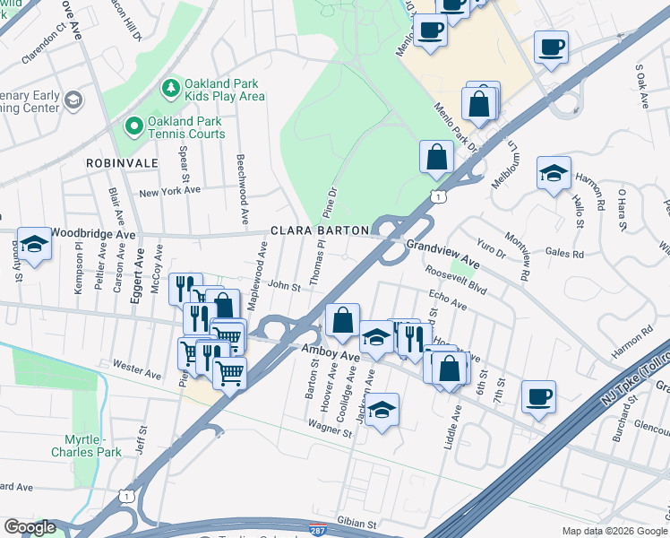 map of restaurants, bars, coffee shops, grocery stores, and more near 1 Garfield Park in Edison