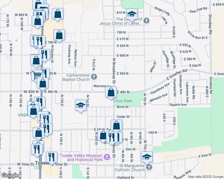 map of restaurants, bars, coffee shops, grocery stores, and more near 345 E 400 N in Tooele