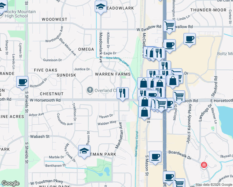 map of restaurants, bars, coffee shops, grocery stores, and more near 421 Riva Ridge Drive in Fort Collins
