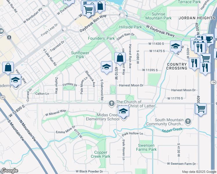 map of restaurants, bars, coffee shops, grocery stores, and more near 4526 Harvest Sun Lane in South Jordan