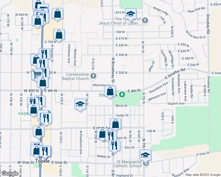 map of restaurants, bars, coffee shops, grocery stores, and more near 345 East 400 North in Tooele