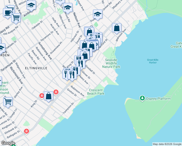map of restaurants, bars, coffee shops, grocery stores, and more near 56 Goodall Street in Staten Island