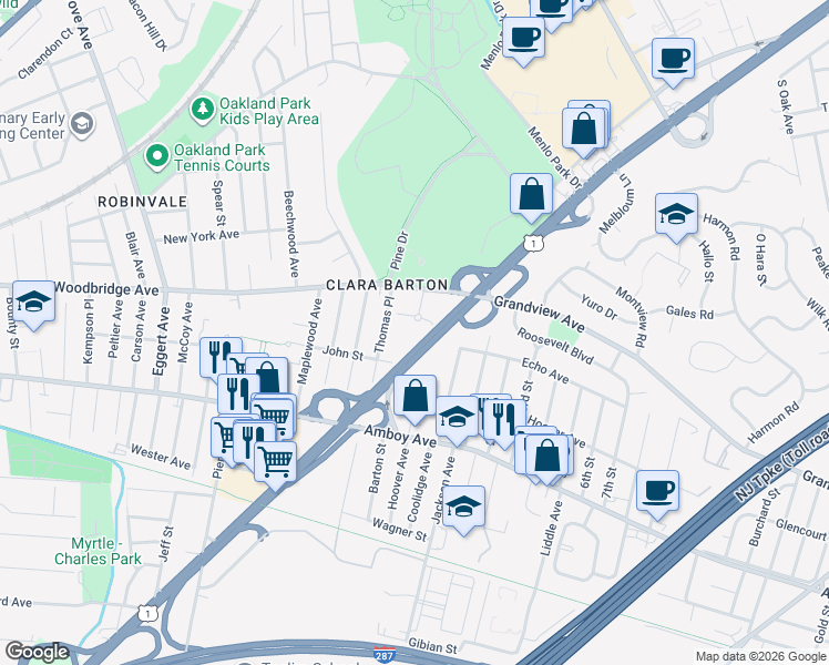 map of restaurants, bars, coffee shops, grocery stores, and more near 1 Garfield Park in Edison