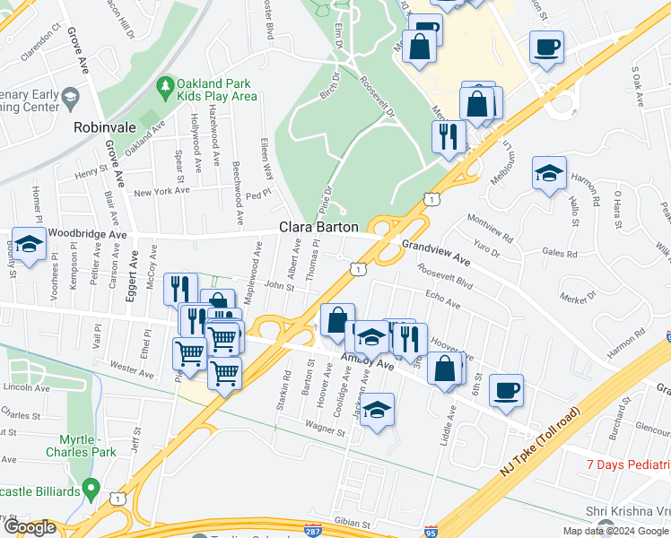 map of restaurants, bars, coffee shops, grocery stores, and more near 1 Garfield Park in Edison