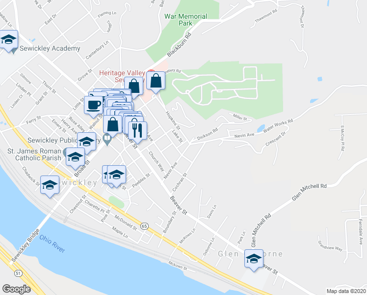 map of restaurants, bars, coffee shops, grocery stores, and more near 807 Hill Street in Sewickley