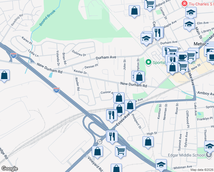 map of restaurants, bars, coffee shops, grocery stores, and more near 24 Renninger Road in Metuchen