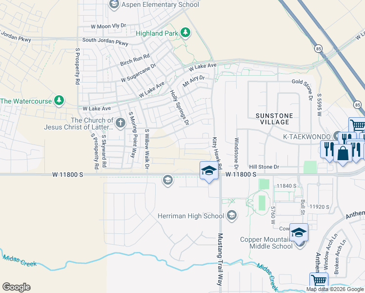 map of restaurants, bars, coffee shops, grocery stores, and more near 6192 Myers Lane in South Jordan