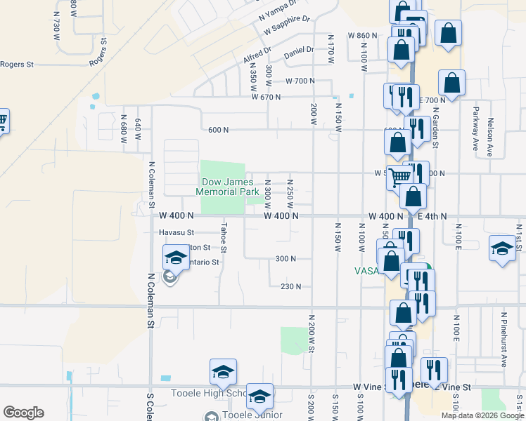 map of restaurants, bars, coffee shops, grocery stores, and more near 437 Jason Avenue in Tooele