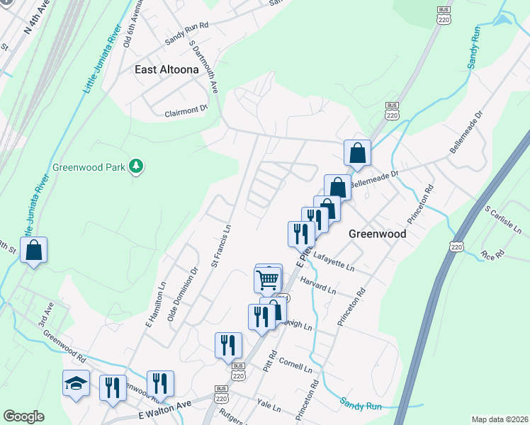 map of restaurants, bars, coffee shops, grocery stores, and more near 207 Colorado Drive in Altoona