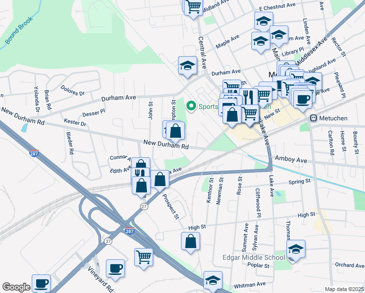 map of restaurants, bars, coffee shops, grocery stores, and more near 540 New Durham Road in Metuchen