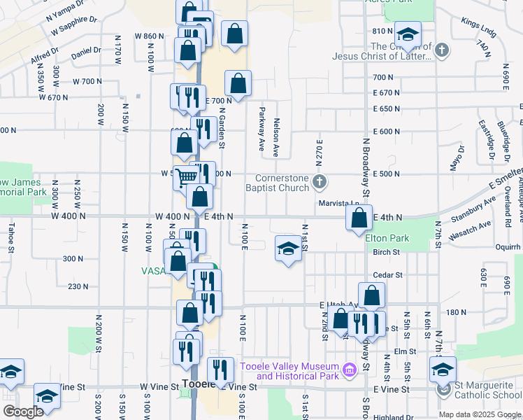 map of restaurants, bars, coffee shops, grocery stores, and more near 413 Parkway Avenue in Tooele