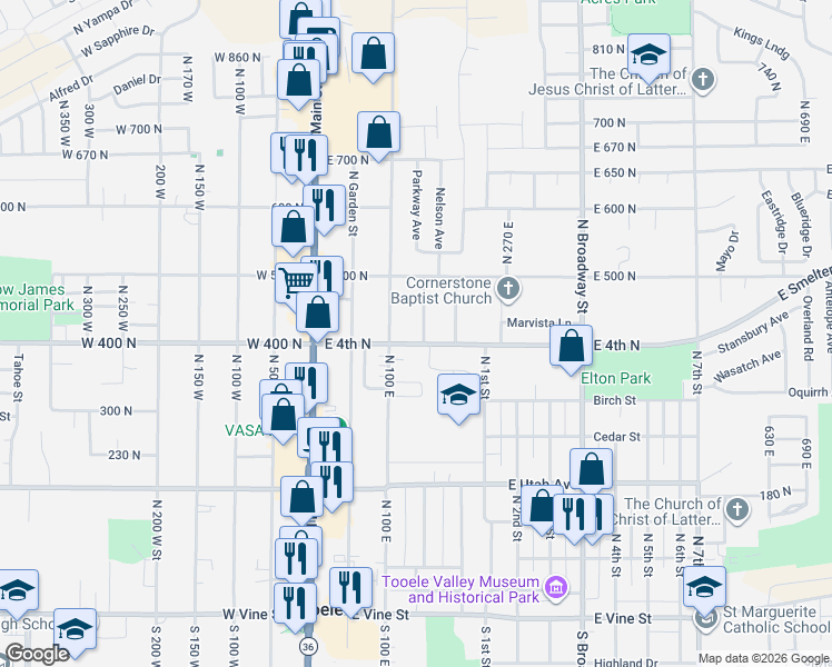 map of restaurants, bars, coffee shops, grocery stores, and more near 413 Parkway Avenue in Tooele