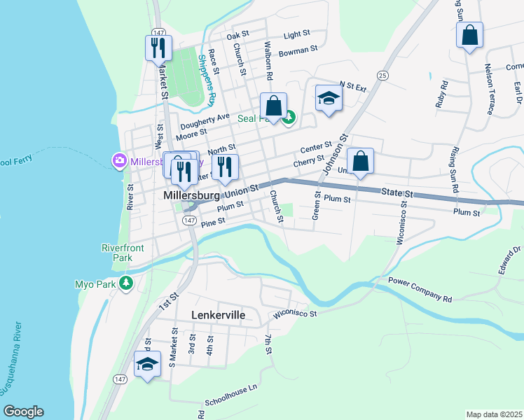 map of restaurants, bars, coffee shops, grocery stores, and more near 420 Pine Street in Millersburg