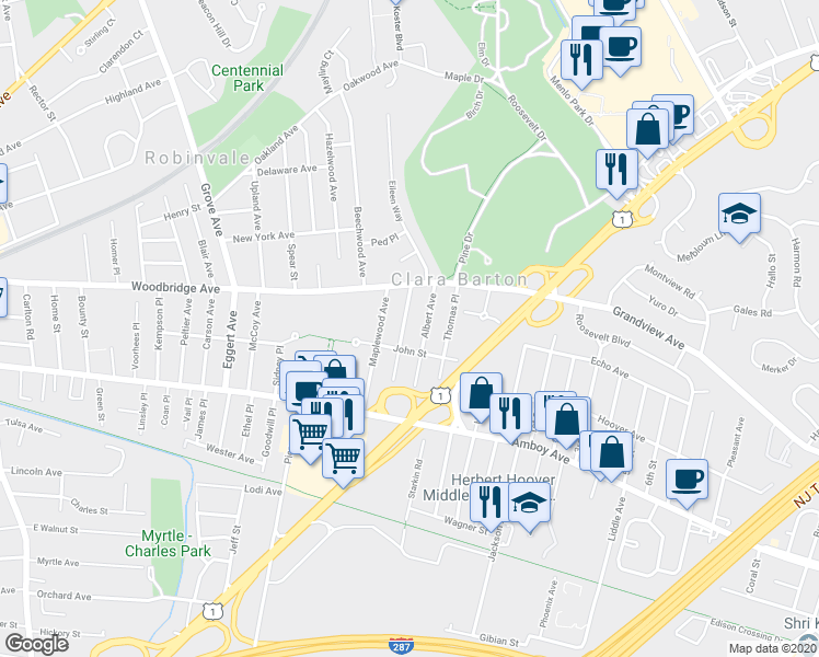 map of restaurants, bars, coffee shops, grocery stores, and more near 74 Elmwood Avenue in Edison